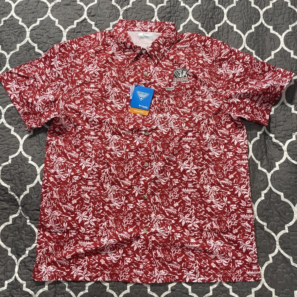 Columbia NCAA‎ Alabama Crimson Tide PFG Full Button Up Red Shirt Men's Sz: L NWT